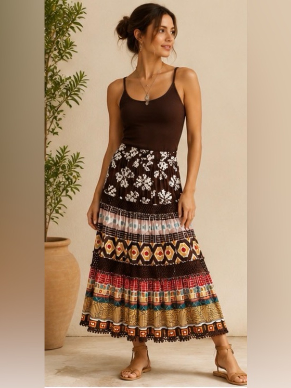 Sei New York Size 6 Cotton Boho Tiered Crochet Midi Skirt Mixed Print